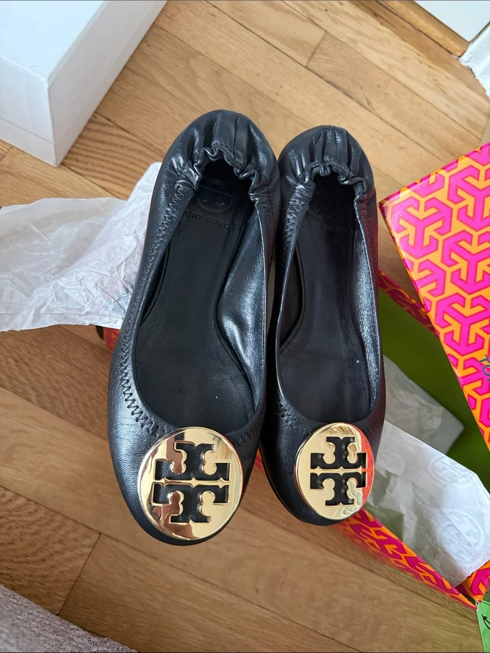 Tory Burch Black Leather Logo Cap-Toe Ballet Flats with Gold Emblem
